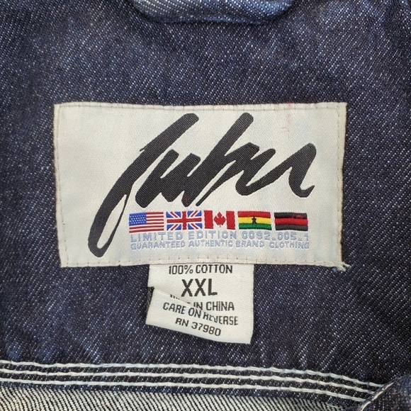 FUBU Denim Blue Jean Jacket Men 2XL Multi Pocket Embroidered Logo Button Up READ - Picture 2 of 16